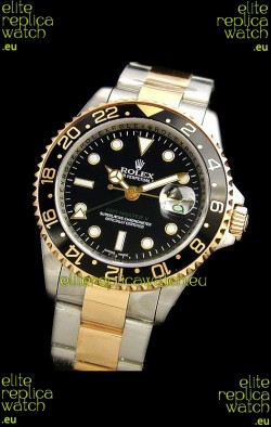 Rolex GMT Master II Swiss Replica Two Tone Gold Watch in Black Dial