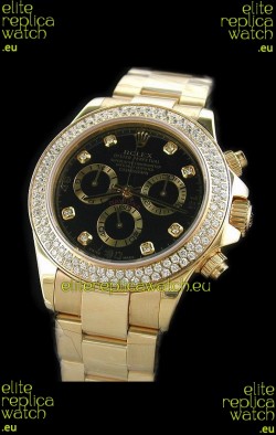 Rolex Daytona Swiss Replica Gold Watch in Full Diamond Bezel