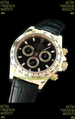 Rolex Daytona Cosmograph Swiss Replica Gold Watch in Black Leather Strap