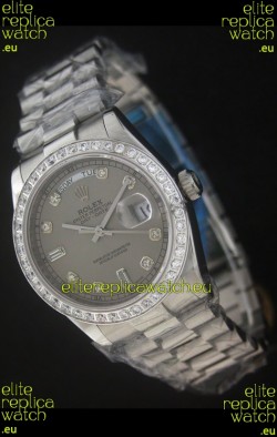 Rolex Day Date Just Japanese Replica Grey Watch in Full Diamond Bezel