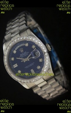 Rolex Day Date Just Japanese Replica Blue Watch in Full Diamond Bezel