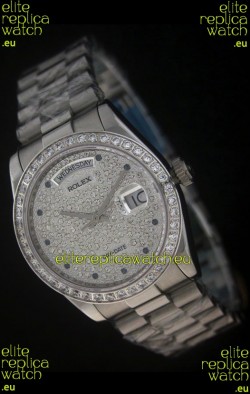 Rolex Day Date Just Japanese Replica Watch in Full Diamonds Dial 