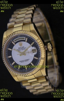 Rolex Day Date Just Japanese Replica Yellow Gold Watch in Black & White Dial