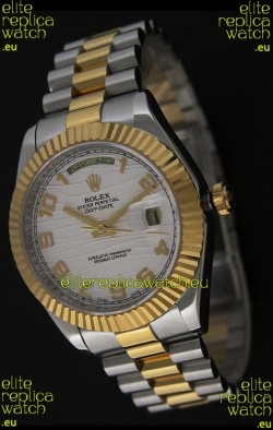 Rolex Day Date Just Japanese Replica Two Tone Gold Watch in White Stripe Pattern Dial