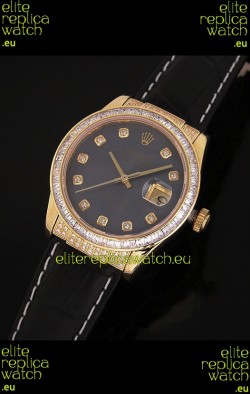 Rolex DateJust Japanese Mens Replica Yellow Gold Watch in Black Mother of Pearl Dial