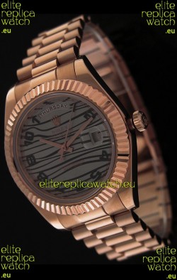 Rolex Oyster Perpetual Day Date Japanese Replica Pink Gold Watch in Waves Pattern Dial