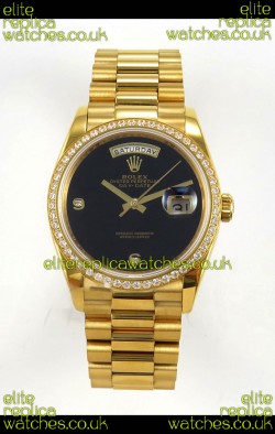 Rolex Day Date Yellow Gold Black Dial Diamonds Bezel 36MM Swiss Replica