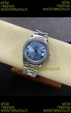 Rolex Day Date 128396TBR Steel Casing ICE Blue Roman Dial Swiss Replica Watch 