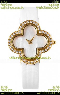 Van Cleef & Arpels Alhambra Yellow Gold Diamonds Bezel Pearl Dial Watch 