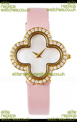 Van Cleef & Arpels Alhambra Yellow Gold Diamonds Bezel Pink Strap Watch 