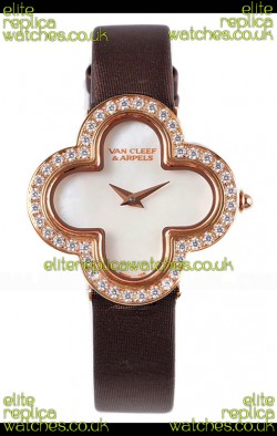 Van Cleef & Arpels Alhambra Rose Gold Diamonds Bezel Black Strap Watch 