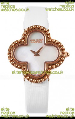 Van Cleef & Arpels Alhambra Rose Gold White Strap Watch 