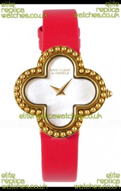 Van Cleef & Arpels Alhambra Yellow Gold Red Strap Watch 