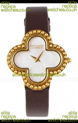Van Cleef & Arpels Alhambra Yellow Gold Brown Strap Watch 
