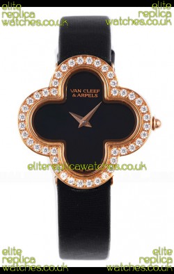 Van Cleef & Arpels Alhambra Rose Gold Diamonds Bezel Black Strap Watch 