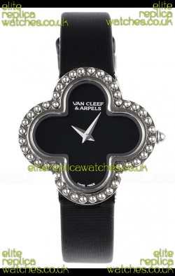 Van Cleef & Arpels Alhambra Stainless Steel Black Strap Watch 