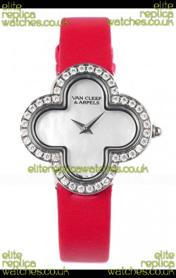 Van Cleef & Arpels Alhambra Stainless Steel Diamonds Bezel Red Strap Watch 
