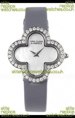 Van Cleef & Arpels Alhambra Stainless Steel Diamonds Bezel Grey Strap Watch 