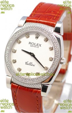 Rolex Cellini Cestello Ladies Swiss Watch White Face Diamonds Hour, Bezel and Lugs