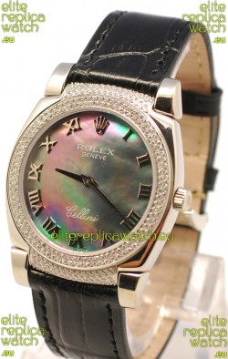 Rolex Cellini Cestello Ladies Swiss Watch in Black Pearl Face Diamonds Bezel and Lugs