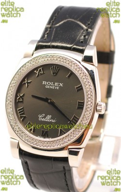 Rolex Cellini Cestello Ladies Swiss Watch in Matte Black Face and Roman Markers