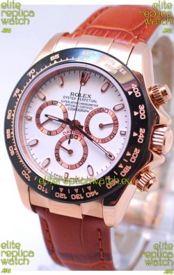 Rolex Daytona MonoBloc Cerachrom Bezel Swiss Replica Rose Gold Plated Watch in Brown Strap