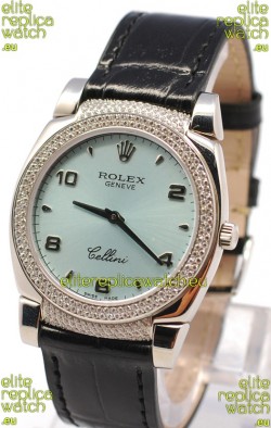 Rolex Cellini Cestello Ladies Swiss Watch in Blue Face Black Leather Strap Diamonds Bezel 