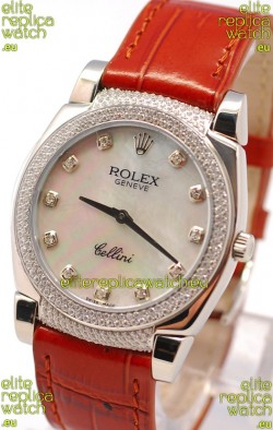 Rolex Cellini Cestello Ladies Swiss Watch in White Pearl Face Diamonds Hour, Bezel and Lugs