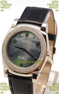 Rolex Cellini Cestello Ladies Swiss Watch in Black Pearl Face Diamonds Bezel 