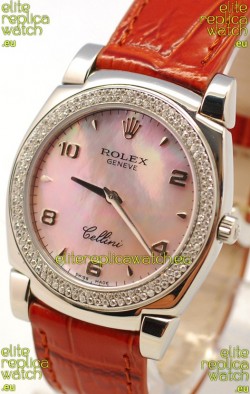 Rolex Cellini Cestello Ladies Swiss Watch in Pink Pearl Face Diamonds Bezel