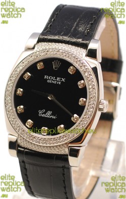 Rolex Cellini Cestello Ladies Swiss Watch in Matte Black Face Diamond Markers