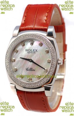 Rolex Cellini Cestello Ladies Swiss Watch in White Pearl Face Diamonds Bezel and Hours Markers