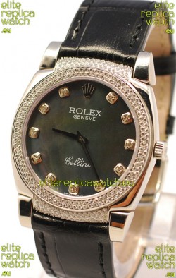 Rolex Cellini Cestello Ladies Swiss Watch in Black Pearl Face Diamonds Markers