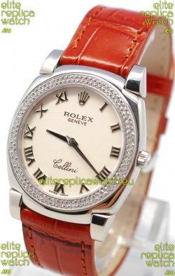 Rolex Cellini Cestello Ladies Swiss Watch White Roman Face Diamonds Bezel