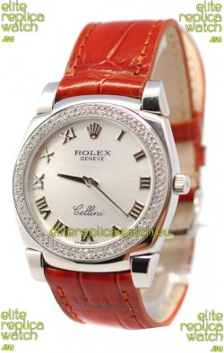 Rolex Cellini Cestello Ladies Swiss Watch Roman Silver Face Diamonds Bezel