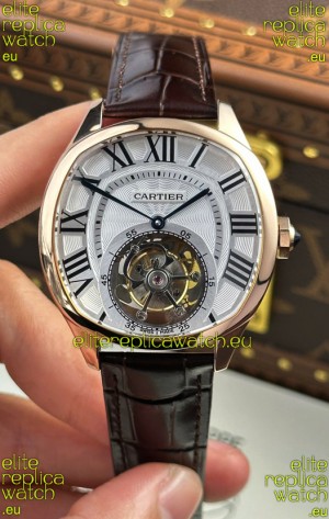 Drive De Cartier Rose Gold Tourbillon Super clone Replica Watch in White Dial 